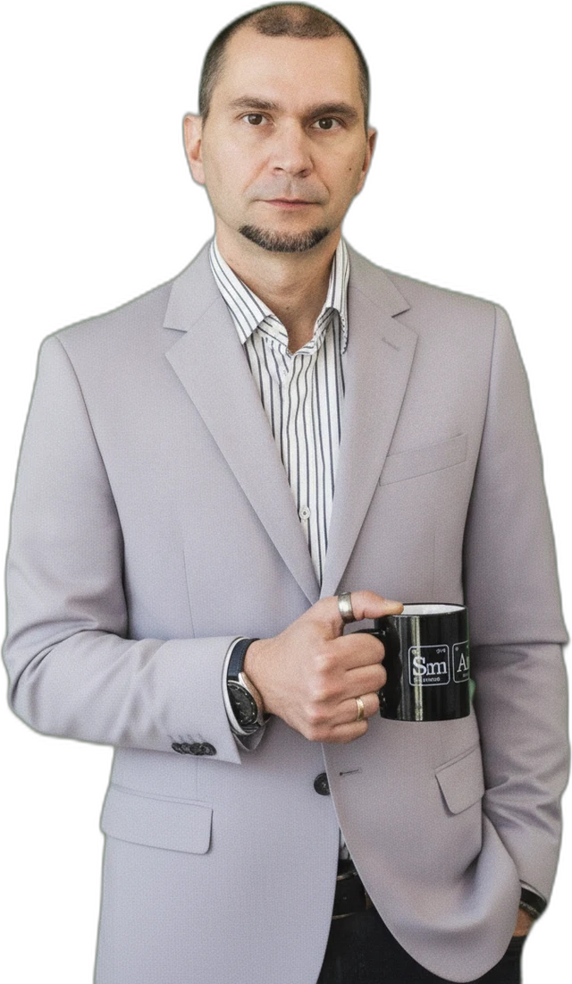 Andrei Migatchev, mug of coffee in hand — as usual.